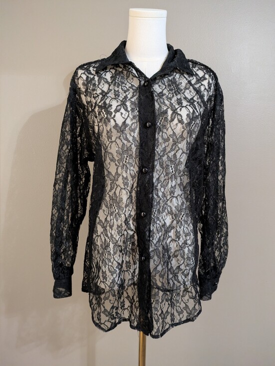 Marnie West Tops - Marnie West Black Floral Lace Sheer Button-Down Collared Long Sleeve Blouse